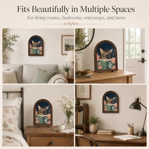 Funny Cat Decor Arched Wood Frame Tabletop Sign, Vintage Reading Cat Art Decor with Stand, Rustic Shelf Desk Mantel Accent for Bathroom Office Home - Image 3
