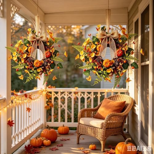 4 PCS Mini Fall Wreaths for Kitchen Cabinets Small Fall Hanging Wreath with Pumpkins Pinecones Berries Eucalyptus Thanksgiving Wreath for Front Door Window Cabinet Farmhouse Decor - Image 5