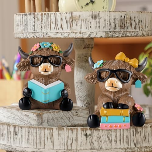 Wesiti 2 Highland Cow Figurines with Glasses Books, Resin Reading Desk - Image 2