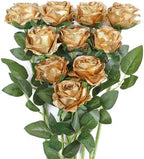 JUSTOYOU 10 PCS Artificial Roses Flowers, Realistic Blossom Roses, Real Touch Silk Rose, Single Fake Flower Long Stem Bouquets for Home Wedding Party Decoration (10Pcs, Gold) - Image 7