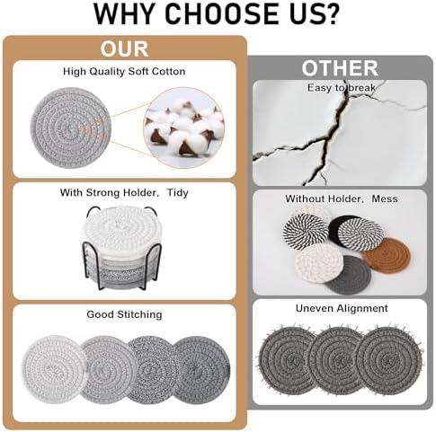 OIAHOMY 8 Pcs Coasters with Holder for Beer, Coffee, Woven Cotton Coaster Set for Table Decor for Kitchen, Bar, Dining Room, Living Room, Housewarming Gifts - Grey - Image 3