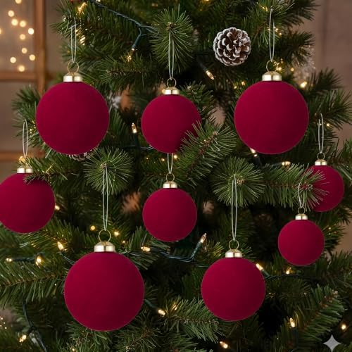 46Pcs Velvet Christmas Ball Ornaments Set - Flocked Shatterproof Christmas Tree Decorations Classic Hanging Ornaments with Rope for Xmas Wreath Holiday Home Decor (Multi-Size, Burgundy) - Image 5