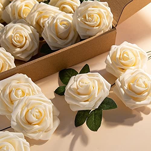 Artificial Flower Foam Rose 25pcs Real Looking Fake Rose with Stems Leaves for Home Decoration Party Garden Centerpieces DIY Wedding Bouquets（Champagne） - Image 7