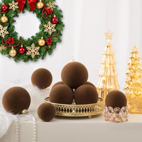 46Pcs Velvet Christmas Ball Ornaments Set - Flocked Shatterproof Christmas Tree Decorations Classic Hanging Ornaments with Rope for Xmas Wreath Holiday Home Decor (Multi-Size, Brown) - Image 4