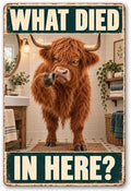 Funny Highland Cow Rustic Bathroom What Died In Here Sign by Vintmark