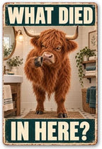 Funny Highland Cow Rustic Bathroom What Died In Here Sign by Vintmark