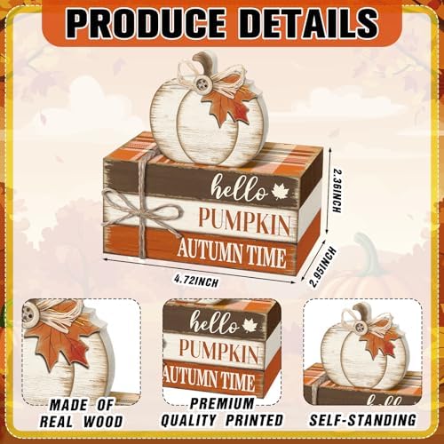 Geelin 4 Pcs Fall Tiered Tray Decorations Thanksgiving Wooden Pumpkin and Maple Leaf Book Stack Signs, Autumn Vintage Table Decoration for Home Office Table Shelf Centerpiece Farmhouse Decorations - Image 3