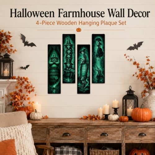 Retro Halloween Sign, 4 Pcs Halloween Hanging Signs, Wooden Wall Art Decor - Image 6