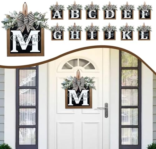 Ultra Large 14'' Last Name All Year Round Front Door Wreath with 26 Initial Letter Welcome Sign All Seasons Eucalyptus Garland and Bow Wreaths for Front Door Porch Farmhouse Decoration (M) - Image 5