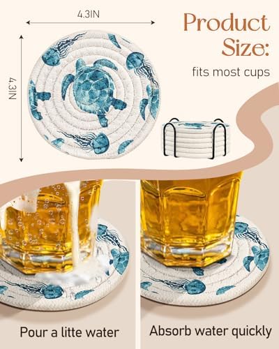 Cup Coasters for Drinks Absorbent - for Coffee Wooden Table Office Cute Farmhouse Cool Outdoor Desk Kawaii Woven Unique Ocean Beach Women Kids Soft Cloth Braided Fabric Coaster with Holder - Image 4