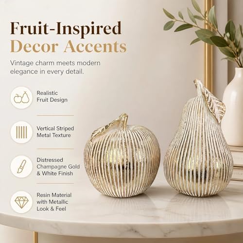 Gold Apple and Pear Decor Set,Retro Fruit Figurines Home Decor, Modern Decorative Ornaments for Living Room Office Desk Shelf Coffee Table, Unique Gift and Tabletop Accent - Image 4