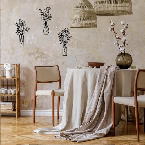 ARTINME 3 Pieces Metal Flowers Wall Arts - Rustic Farmhouse Decor Minimalist Flower Wall Decors for Living room Bathroom Kitchen Bedroom Dining Room - Housewarming Gifts (Black) - Image 5