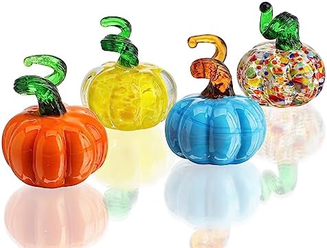 4 Pcs Blown Glass Pumpkin Figurines Fall Thanksgiving Centerpiece Decor by HDHYALINEDORA