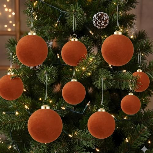 46Pcs Velvet Christmas Ball Ornaments Set - Flocked Shatterproof Christmas Tree Decorations Classic Hanging Ornaments with Rope for Xmas Wreath Holiday Home Decor (Multi-Size, Orange) - Image 5