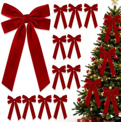 Red Velvet Bows for Christmas Tree, Red Ribbon Christmas Ornaments, 12pcs by YXOTJHS