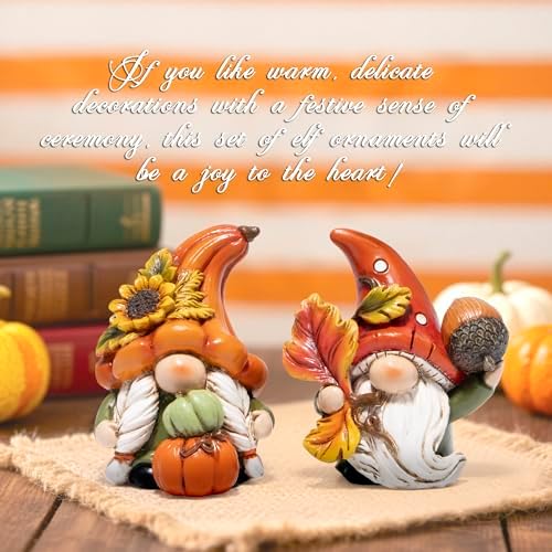 Hodao Fall Gnomes Decorations for Home, Resin Thanksgiving Figurines Decor with Pumpkin, Sunflower & Acorn, Autumn Thanksgiving Harvest Gift for Indoor Table Shelf Decor - 2 Pcs - Image 4