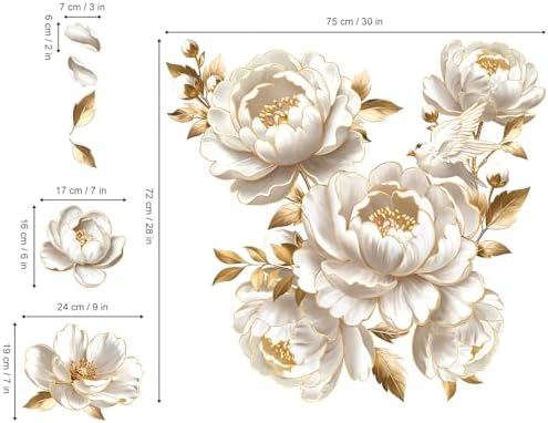 decalmile 3D White Gold Flower Peony Floral Sofa Wall Decals Stickers - Image 4