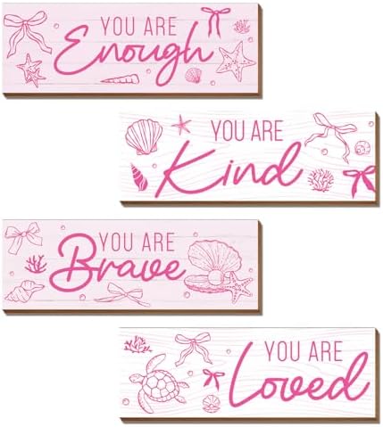 4 Pcs Pink Coastal Wall Decor, Positive Affirmations Wall Art Decor, Inspirational Wooden Signs, Beach Boho Bow Wall Art Hanging Plaques, Perfect for Girls Bedroom, Bathroom, Living Room by Riletese