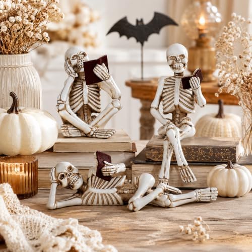 Dlfghos 3 Pieces Halloween Skeleton Statue Halloween Skull Figurine Home Decor Reading Skeleton Figurines Decorations for Indoor Fireplace Home Kitchen Desk Office Party - Image 3