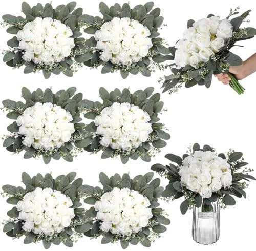 Zeyune 12 Bunches Wedding Bridesmaids Bouquets 144 Heads 7 Inch Artificial Rose Bouquets Silk Fake Flower Bulk with Stems for Proposal Anniversary Bridal Shower Home Party Decor(White) by Zeyune