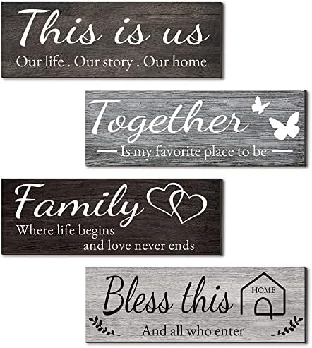 Joyhawk 4 Pieces Home Wall Decor Signs, THIS IS US/TOGETHER/BLESS THIS HOME/FAMILY Wall Decor For Living Room Bedroom, Rustic Wooden Farmhouse Wall Art Decor, 4.7 x 13.8 Inch(Mixed Color) by JOYHAWK-DesigningaBetterLife