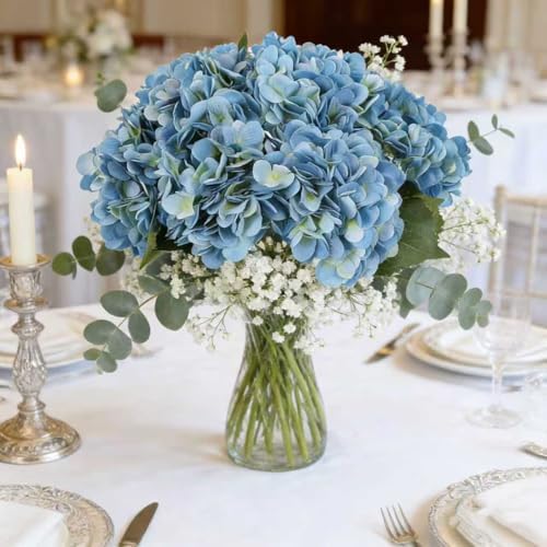 Kimura's Cabin 6pcs Hydrangea Artificial Flowers Silk Faux Hydrangeas,Blue - Image 3