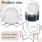 Jetec Mirrored Glass Coaster Set of 6 with 1 Holder 4" Crushed Diamond Round Cup Mat Glitter Crystal Rhinestone Glass Coaster Bling Table Decor for Bar Kitchen Gift for Christmas(White,4 Inch) - Image 3