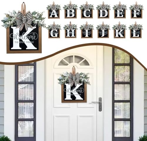 Ultra Large 14'' Last Name All Year Round Front Door Wreath with 26 Initial Letter Welcome Sign All Seasons Eucalyptus Garland and Bow Wreaths for Front Door Porch Farmhouse Decoration (K) - Image 5