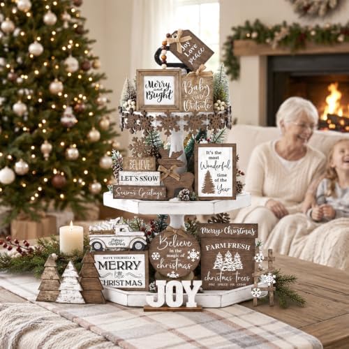 Mifoci 15 Pcs Christmas Neutral Christmas Tiered Tray Decor Rustic Wood - Image 2