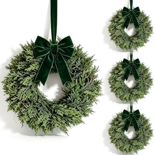 4 Pcs Small Christmas Hanging Wreaths with Artificial Cedar Pine Greenery Dark Green Velvet Ribbon Mini Cabinet Wreath for Porch Front Door Window Wall Farmhouse Rustic Christmas Winter Holiday Decor by Unknown