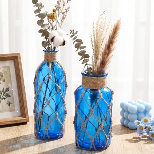 Chuangdi Set of 2 Coastal Glass Flower Vase with Boho Rope, Cobalt Blue - Image 6