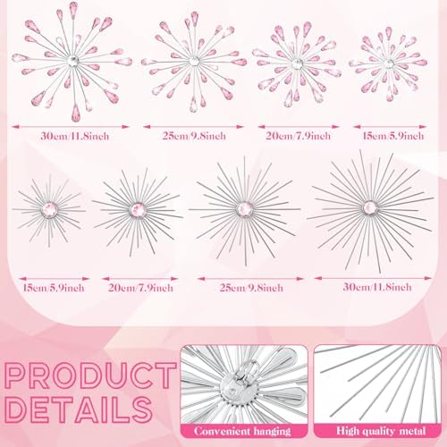 Blulu 8 Pcs Pink Metal Wall Art Cast Iron Starburst Wall Decor Bling Crystal Sculptures Living Room 3D Teardrop Radial Rhinestone Hanging Diamond Accents for Home Office Bedroom Entryway - Image 4