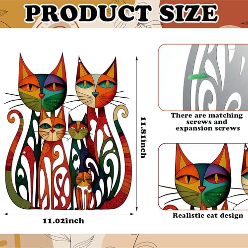 Wesiti Metal Cat Wall Art 11x11.8in Colorful Retro Iron Sculptures - Image 2