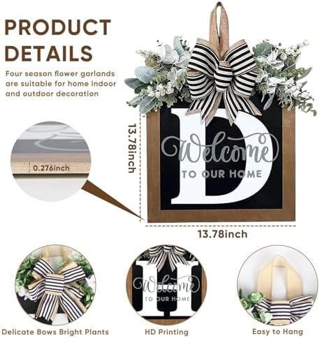 Ultra Large 14'' Last Name All Year Round Front Door Wreath with 26 Initial Letter Welcome Sign All Seasons Eucalyptus Garland and Bow Wreaths for Front Door Porch Farmhouse Decoration (D) - Image 4