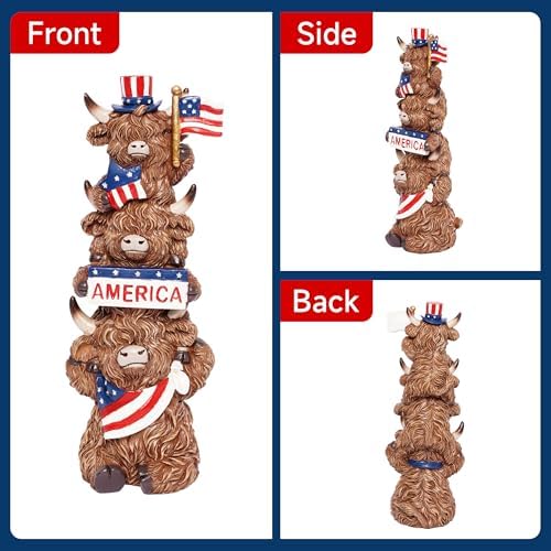 7.09inch Highland Cow 4th of July Decor, Stacked Patriotic Trio Figurine with Star & Stripe Accents, Rustic Resin Figurine for Farmhouse Table Decoration, US 250th Independence Memorial Day Gift - Image 6