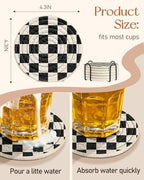 Absorbent Cup Coasters Set of 6 with Holder, Check Pattern - Image 4