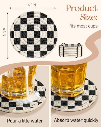 Absorbent Cup Coasters Set of 6 with Holder, Check Pattern - Image 4