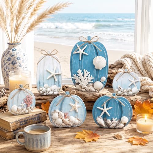 Leinuosen 6 Pcs Coastal Pumpkin Decor, Blue Fall Decorations for Home - Image 2
