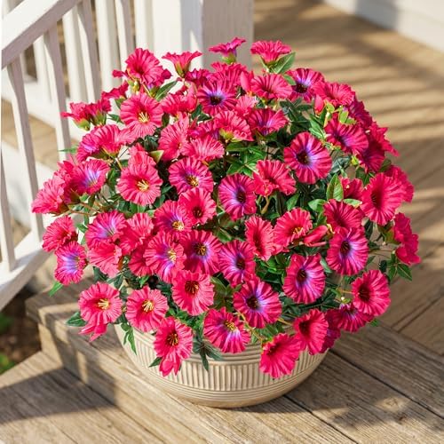 Rose Red Artificial Morning Glory Flowers for Outdoor Planters, Premium UV Resistant Silk Faux Flowers for Porch, Hanging Basket & Window Box, Summer Garden Decor, No Pot, 13.3 Inch, 8 Bundles by UqueetenLtd