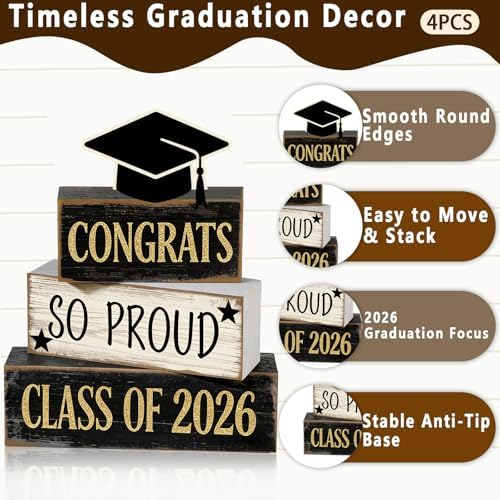2026 Graduation Table Decorations Class of 2026 Senior Tiered Tray Decor Wooden Cap Block Signs Farmhouse Congrats Grad Tabletop Party Centerpiece for Tables Wooden Sign for Home Decor - Image 3