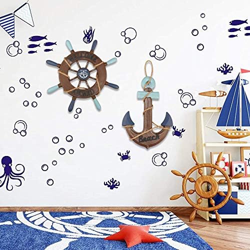 2 Pack 13" Nautical Beach Wooden Ship Wheel and 13" Wooden Anchor with Rope Nautical Boat Steering Wheel Rudder Anchor Wall Art Decor Door Hanging Ornament Beach Theme Home Decoration(Retro Brown) - Image 6
