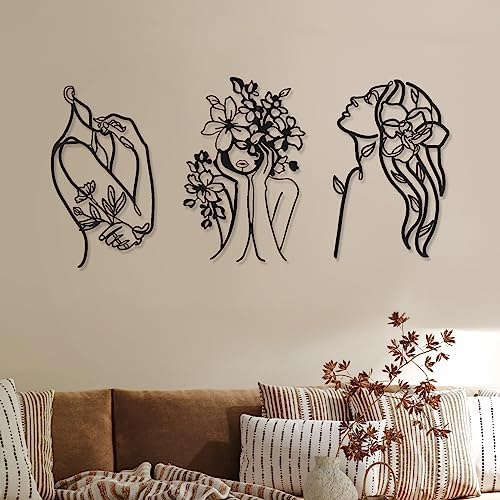 Photect 3 Pcs Metal Wall Art Minimalist Woman Line Decor, Stylish, Black by Photect
