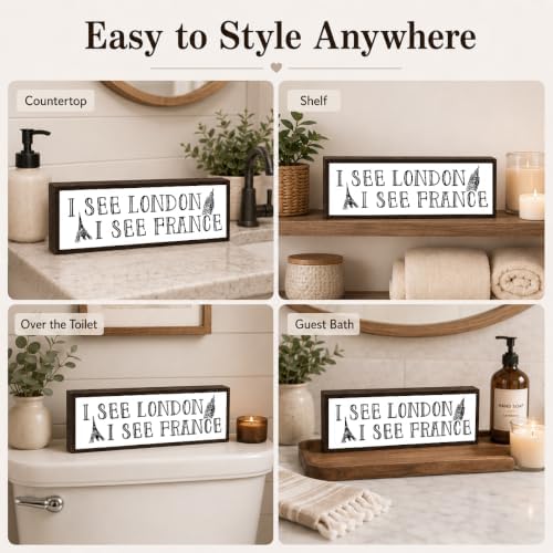 Bathroom Wooden Sign, Travel Style Bathrooms Sign Decor, Paris London Theme Solid Wood Wall Signs, Funny Farmhouse Bathroom Wall Decor, Unique Bathrooms Decorative Gift, 9.5 x 3.1 Inches - Image 3