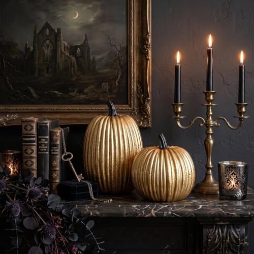 Gold Halloween Pumpkin Decor, Small Resin Pumpkins Set of 2 - Image 4