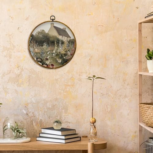 CUANFDDSF Vintage Cottagecore Farmhouse Round Wall Art, Rustic Countryside Garden Framed Hanging Wall Decor, Retro Country Landscape Canvas Prints Decorations for Home Bedroom Living Room, 10x10 Inch - Image 4