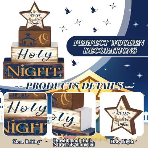 Moucuny 4 Pcs Christmas Wooden Signs Centerpieces, Holy Night Farmhouse - Image 3