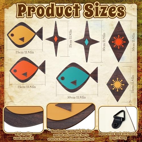 Youyole 7 Pcs Mid Century Modern Wall Art Abstract Fish Wall Decor Retro Atomic Stars Fish Starbursts Vintage Minimalist Mcm Hanging Sculpture 1950s Decor for Living Room Office Beach Home Accents - Image 3