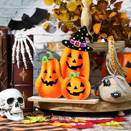 Halloween Decorations Indoor Wooden Pumpkin Halloween Decor Pumpkin Table Sign Centerpieces Standing Tabletop Decoration for Holiday Desk Tiered Tray Party Shelf Fall Autumn Decorations Farmhouse Home - Image 4