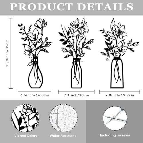 ARTINME 3 Pieces Metal Flowers Wall Arts - Rustic Farmhouse Decor Minimalist Flower Wall Decors for Living room Bathroom Kitchen Bedroom Dining Room - Housewarming Gifts (Black) - Image 2