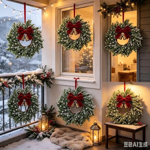 8 Set Christmas Hanging Wreaths Small Snow Flocked Artificial Cedar Wreaths with Red Velvet Ribbon Bronze Bells Mini Faux Greenery Wreath for Front Door Porch Cabinet Window Xmas Holiday Decorations - Image 7